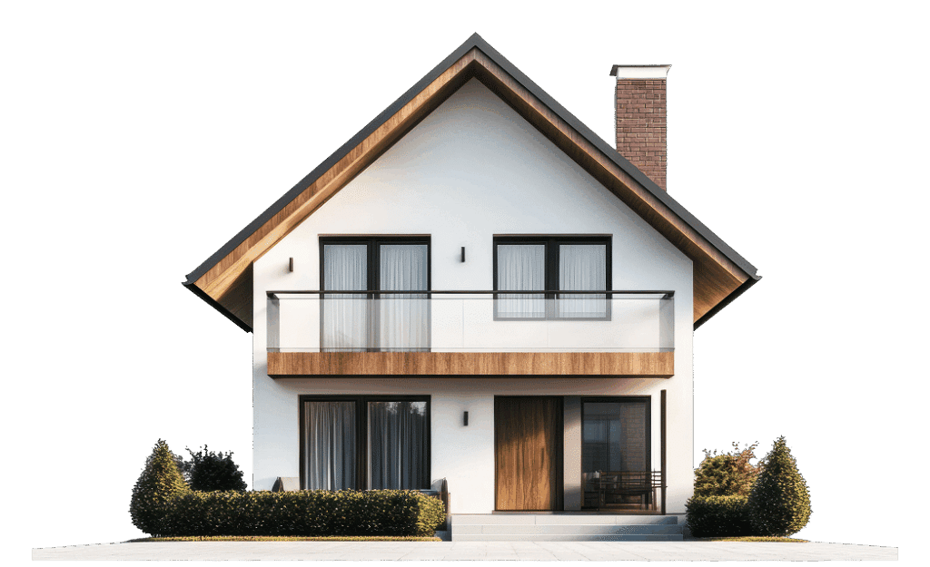 Façade avant d'une maison moderne à deux étages, blanche, avec toit à pignon, balcon vitré et détails en bois chaleureux.